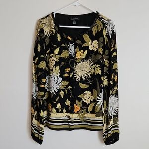 Ellen Tracy Beaded Neck Blouse Top Silk Sheer Sleeve Black yellow Floral SZ 12